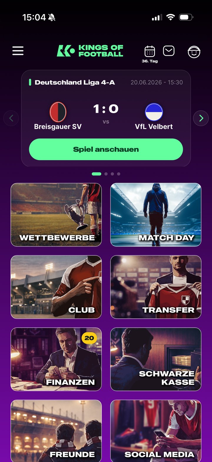 Kings of Football – Startseite mit nächstem Spiel und Vereinsbereichen