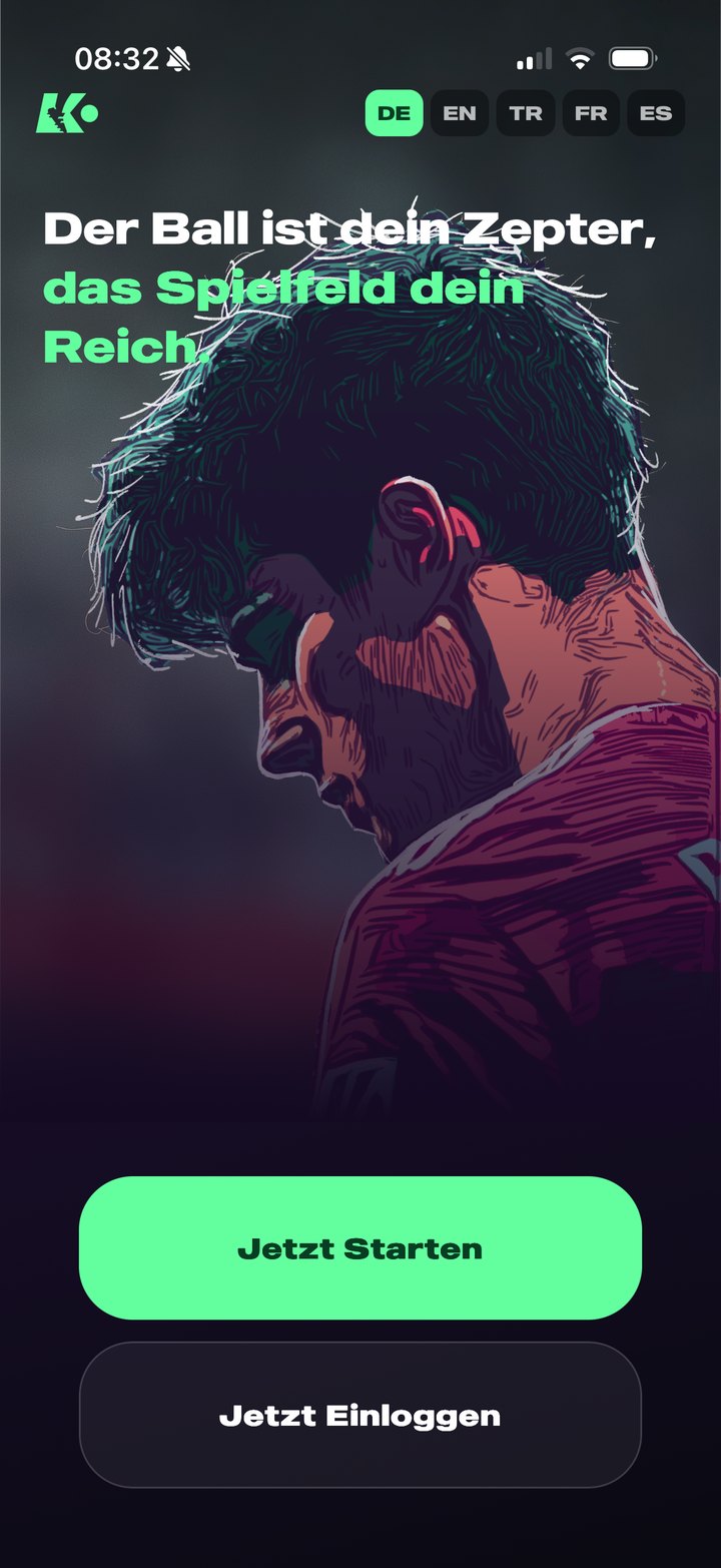 Kings of Football – Willkommensbildschirm der App